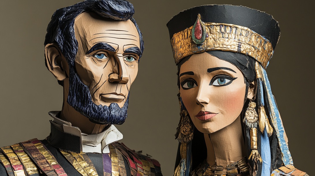 Two detailed cardboard cutouts representing historical figures, one styled like a 19th-century man and the other as an ancient queen
