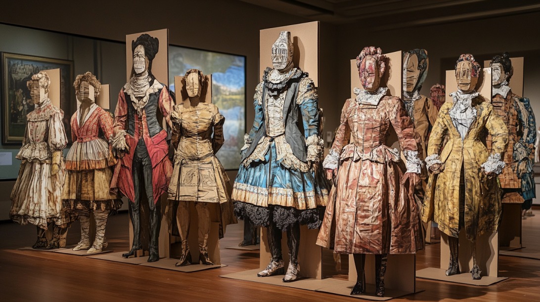 Lifelike cardboard figures wearing detailed historical costumes displayed in a museum gallery