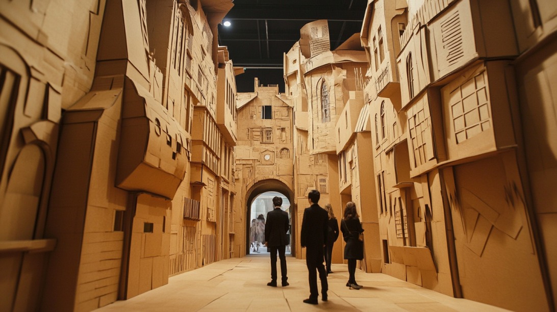 Visitors walk through a life-sized cardboard city installation inside a museum, with detailed building façades on both sides